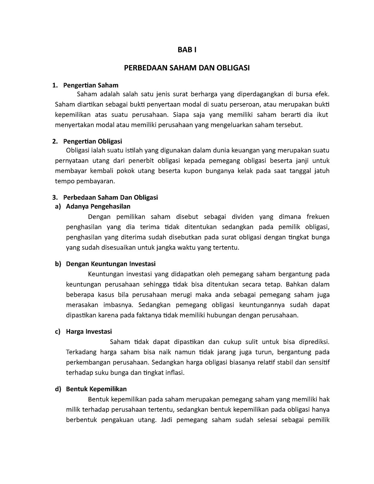 Perbedaan Saham Obligasi - BAB I PERBEDAAN SAHAM DAN OBLIGASI ...