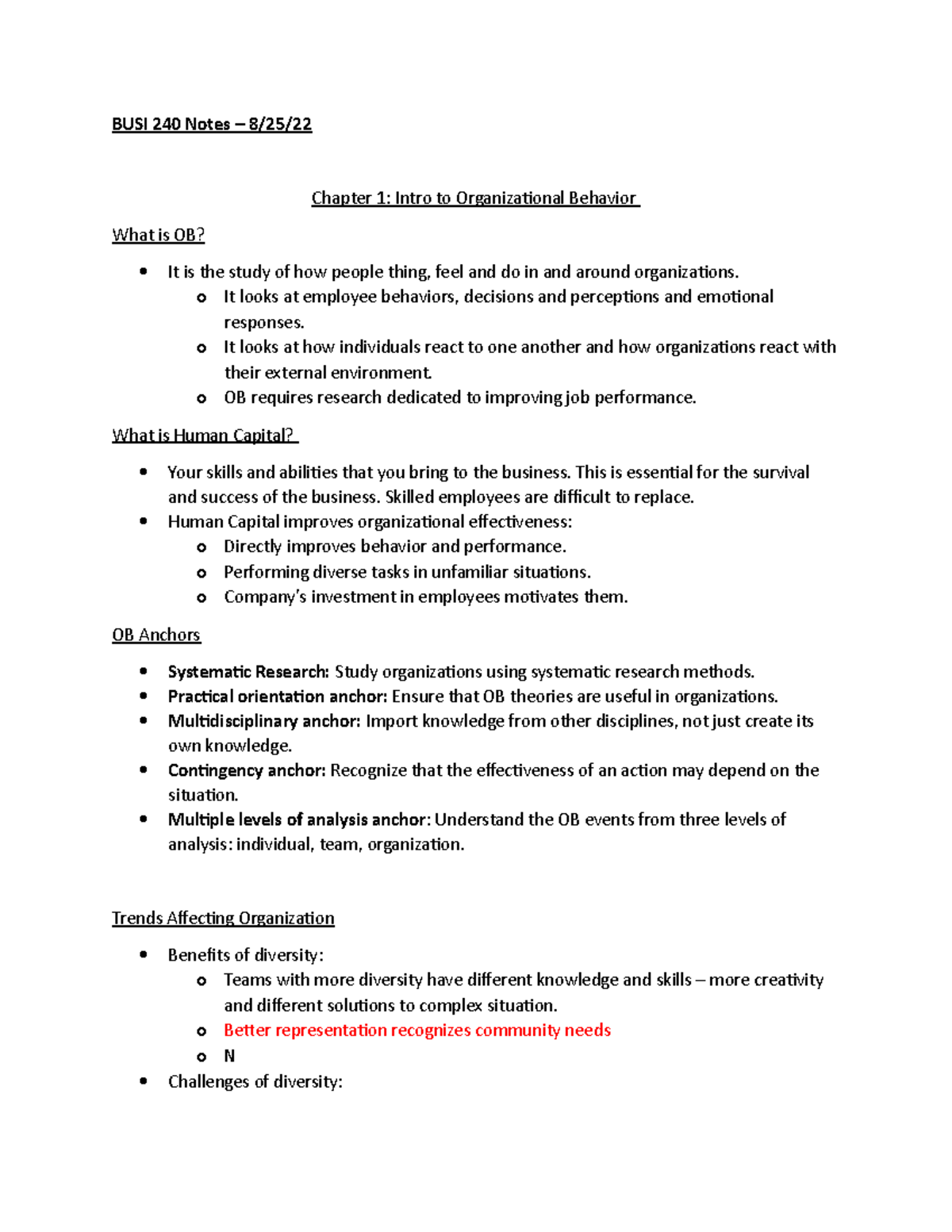 BUSI 240 Chapter 1 Notes - BUSI 240 Notes – 8/25/ Chapter 1: Intro to ...