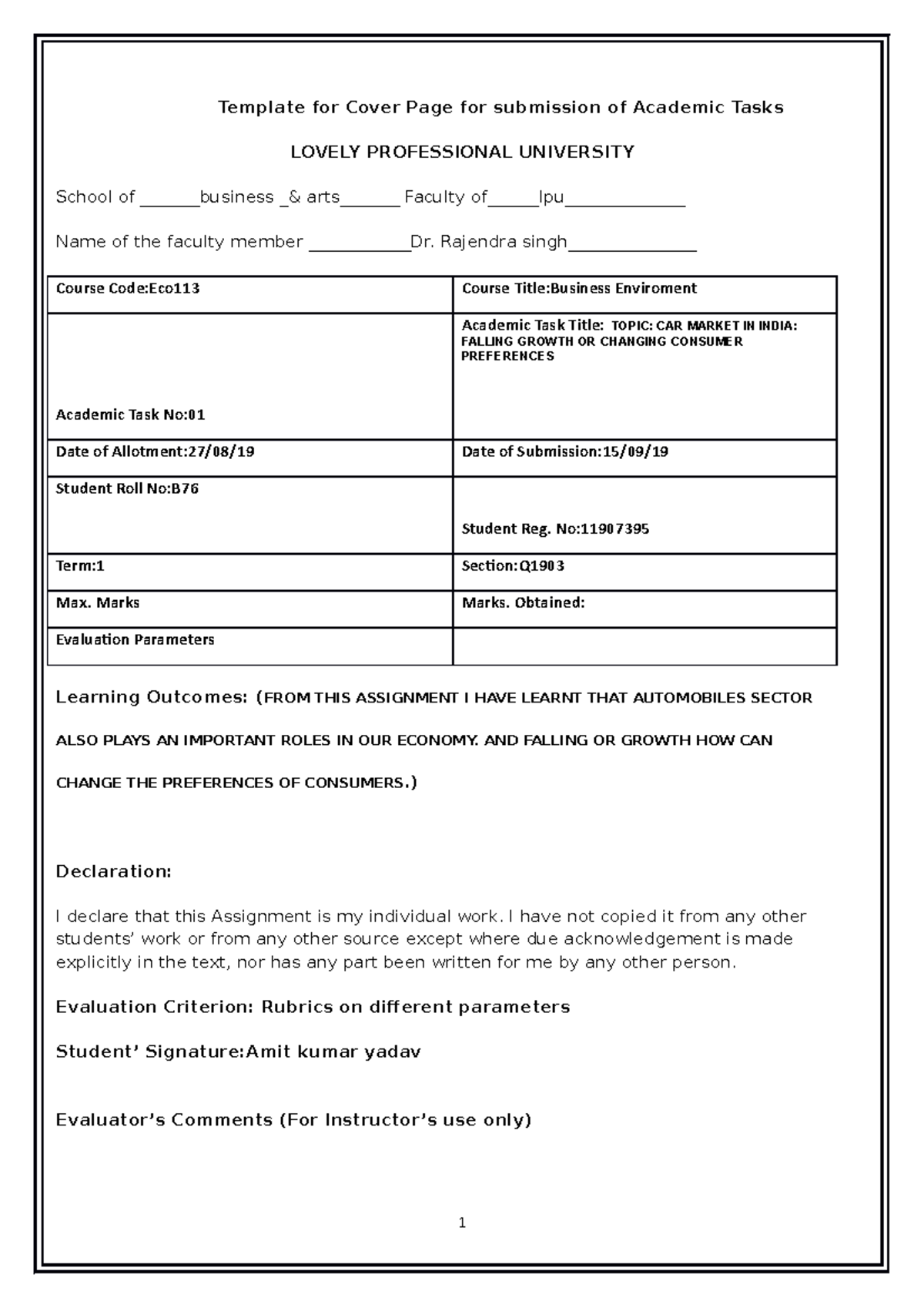 Eco - assigment - Template for Cover Page for submission of Academic ...