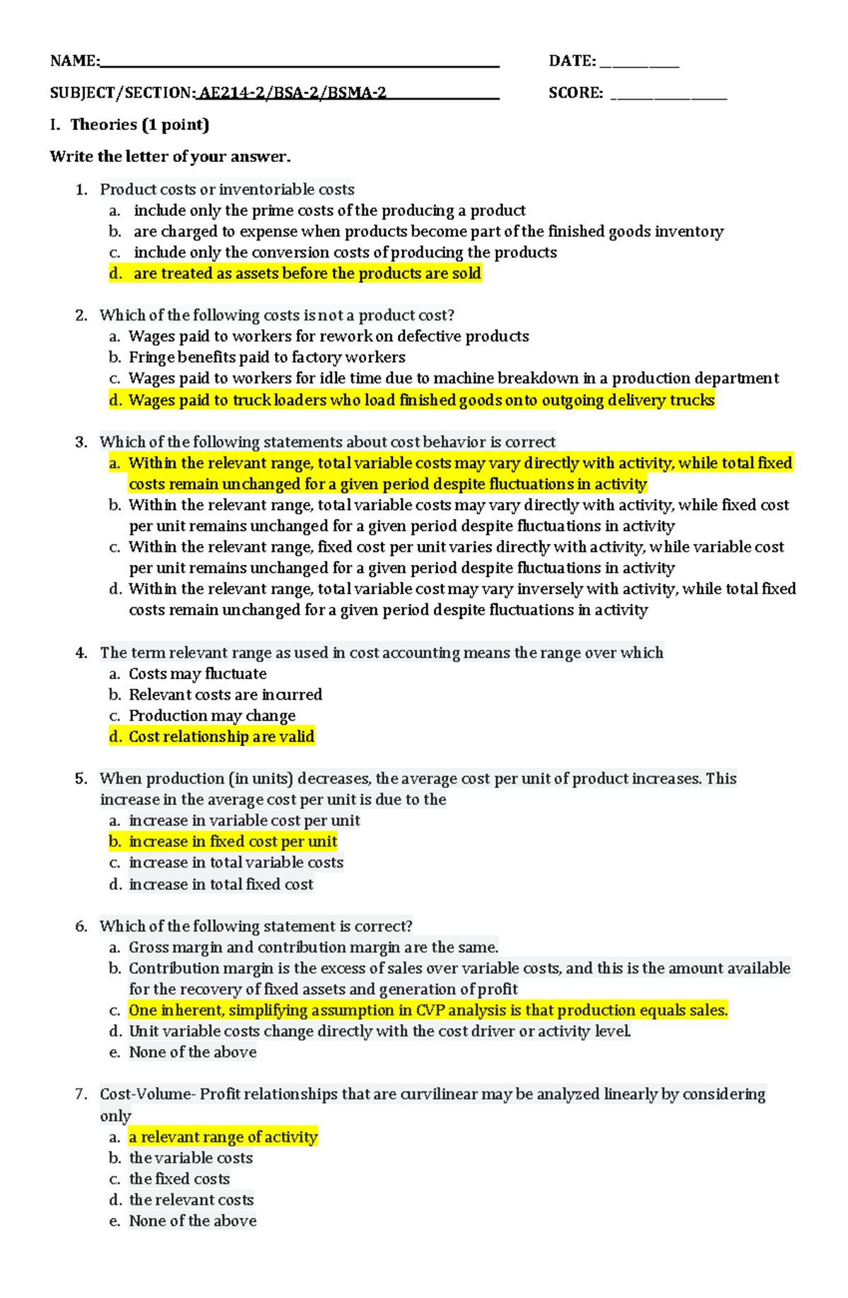 Preliminary EXAM - Coverage - Cost accounting - NAME: DATE ...