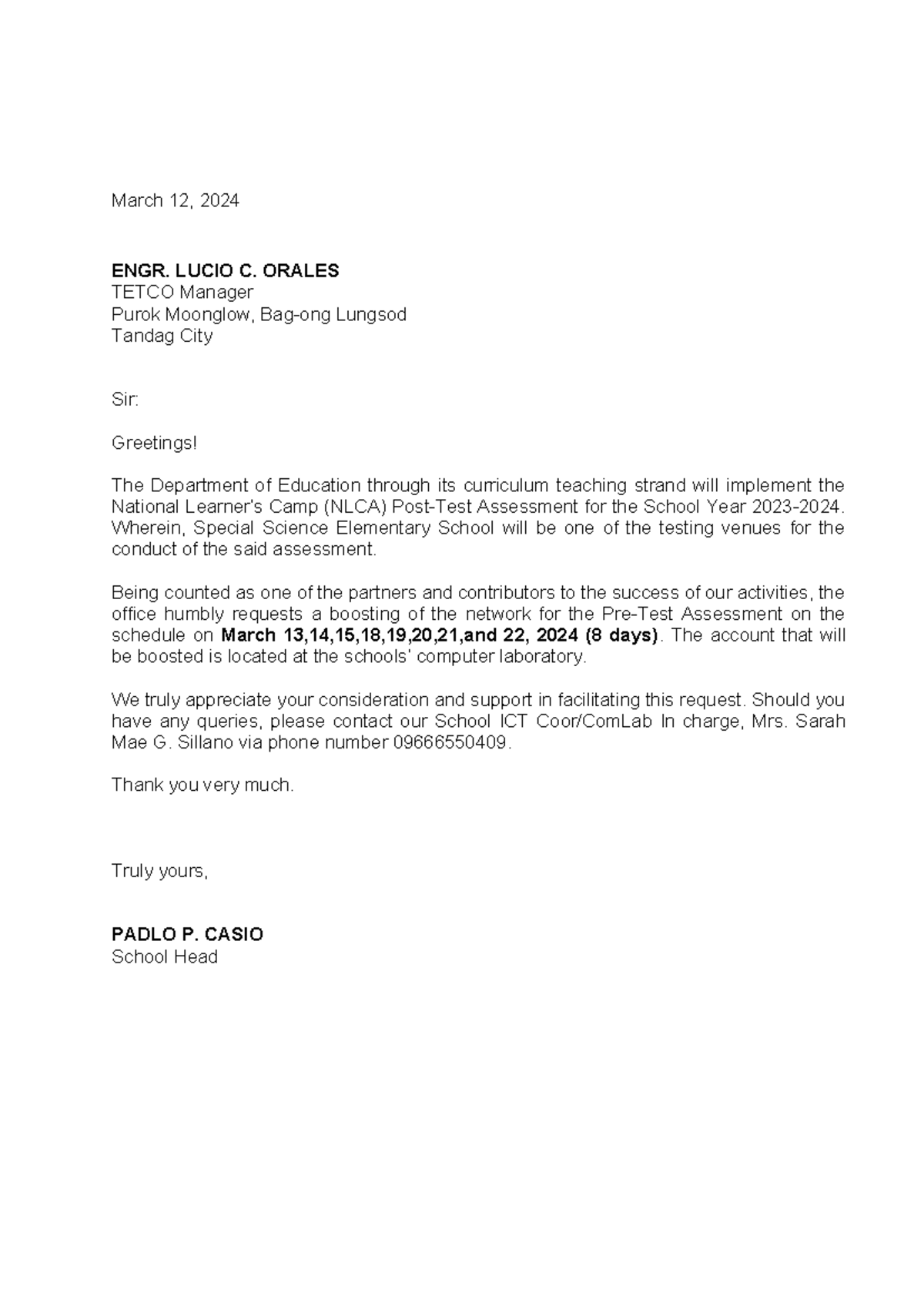 Letter-FOR- Boosting - March 12, 2024 ENGR. LUCIO C. ORALES TETCO ...