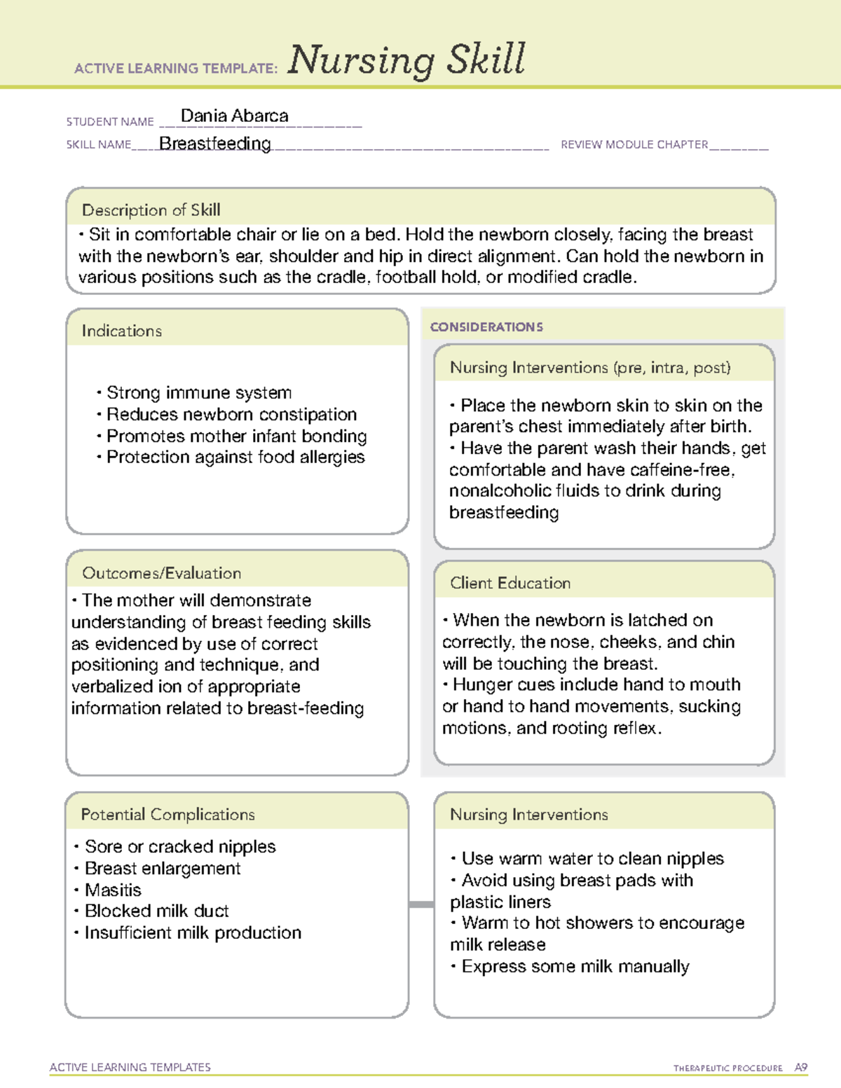 Breastfeeding ATI ACTIVE LEARNING TEMPLATES THERAPEUTIC PROCEDURE A 