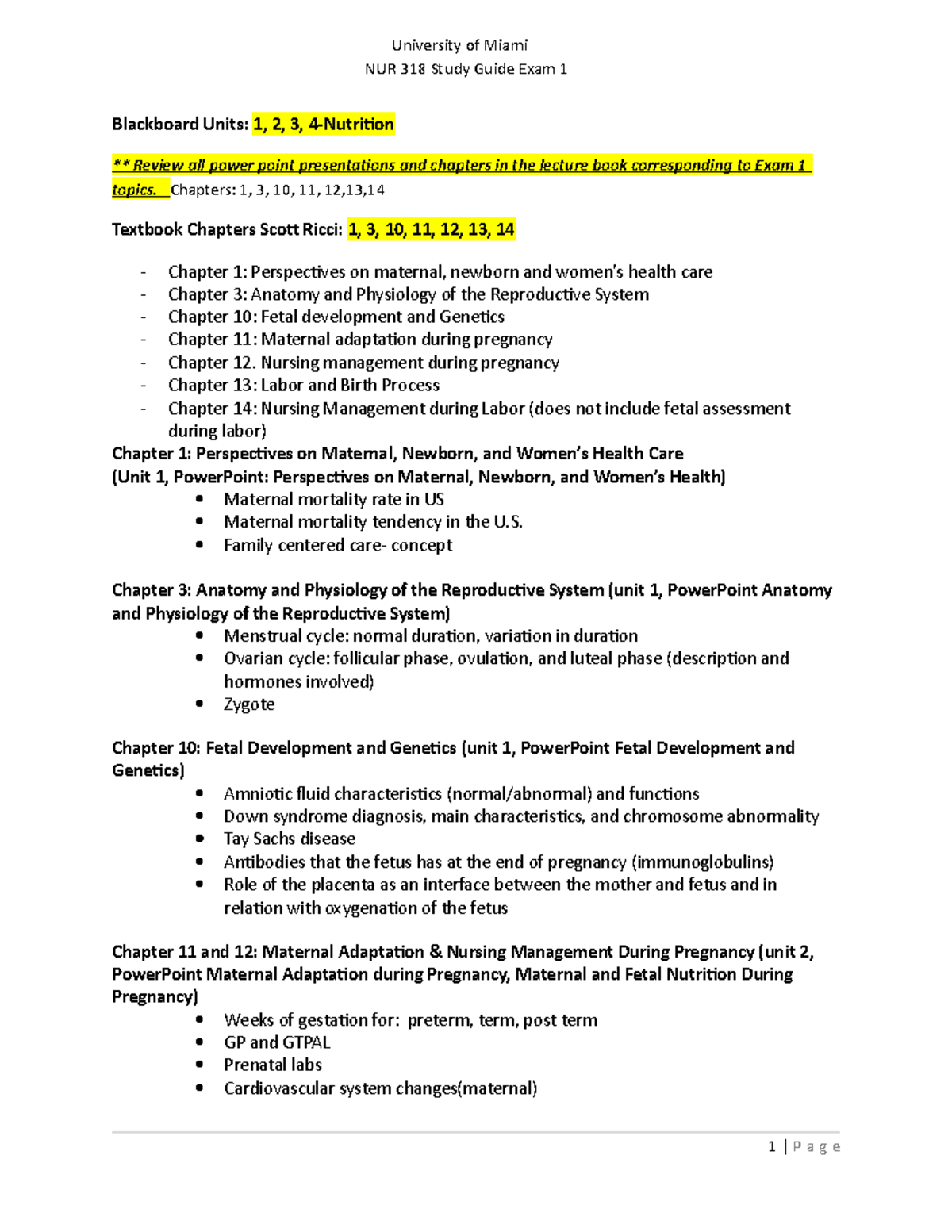 NUR 318 Study Guide Exam 1 - University of Miami NUR 318 Study Guide ...