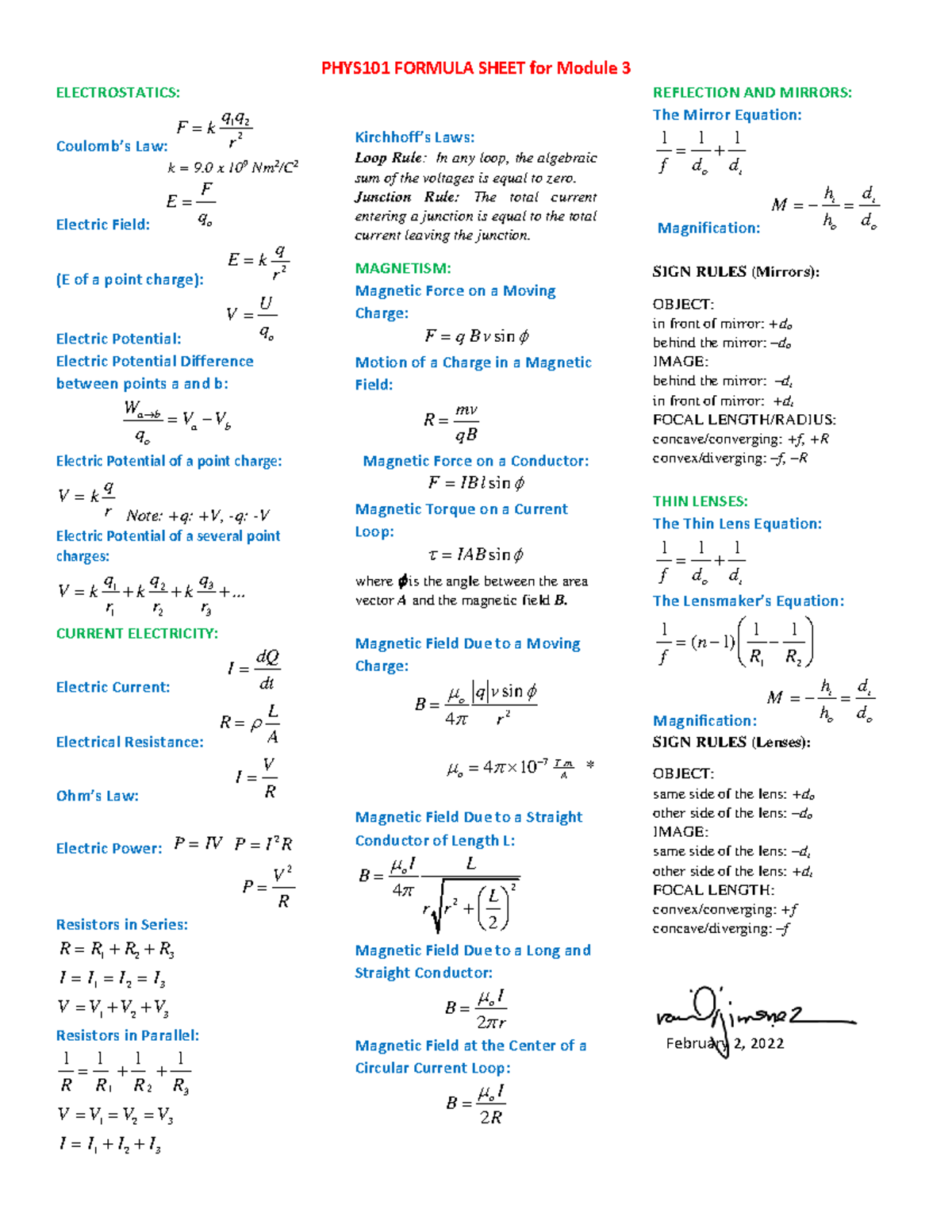 PHYS101 Formula Sheet for Module 3 - PHYS101 FORMULA SHEET for Module 3 ...