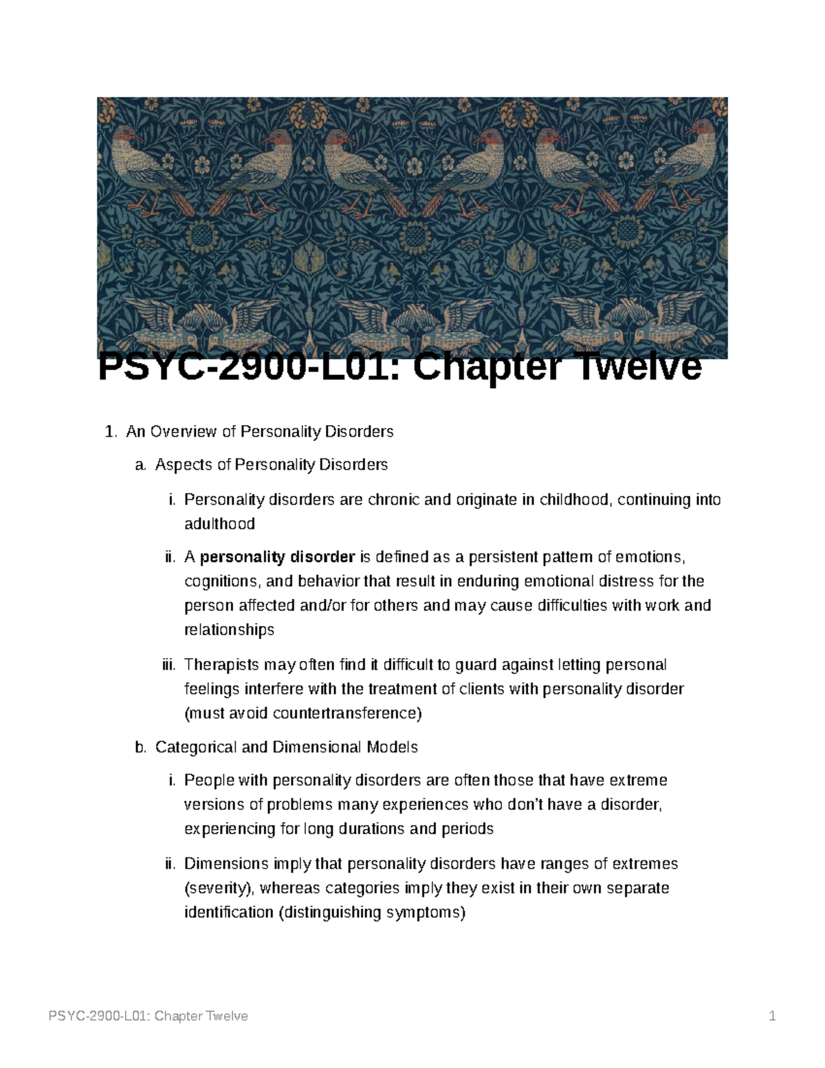 Chapter 12: Personality Disorders - PSYC-2900-L01: Chapter Twelve An ...