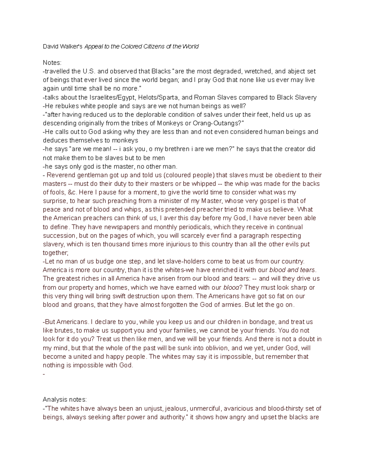 Summary Notes of David Walker's Appeal to the Colored Citizens of the