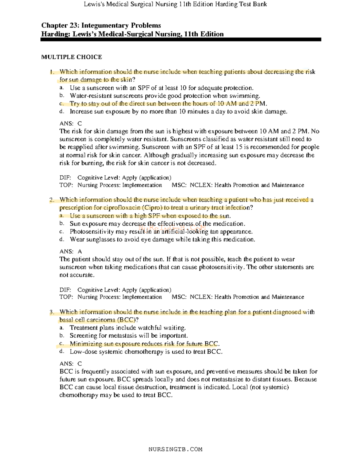 23 - None - NURSINGTB Chapter 23: Integumentary Problems Harding: Lewis ...