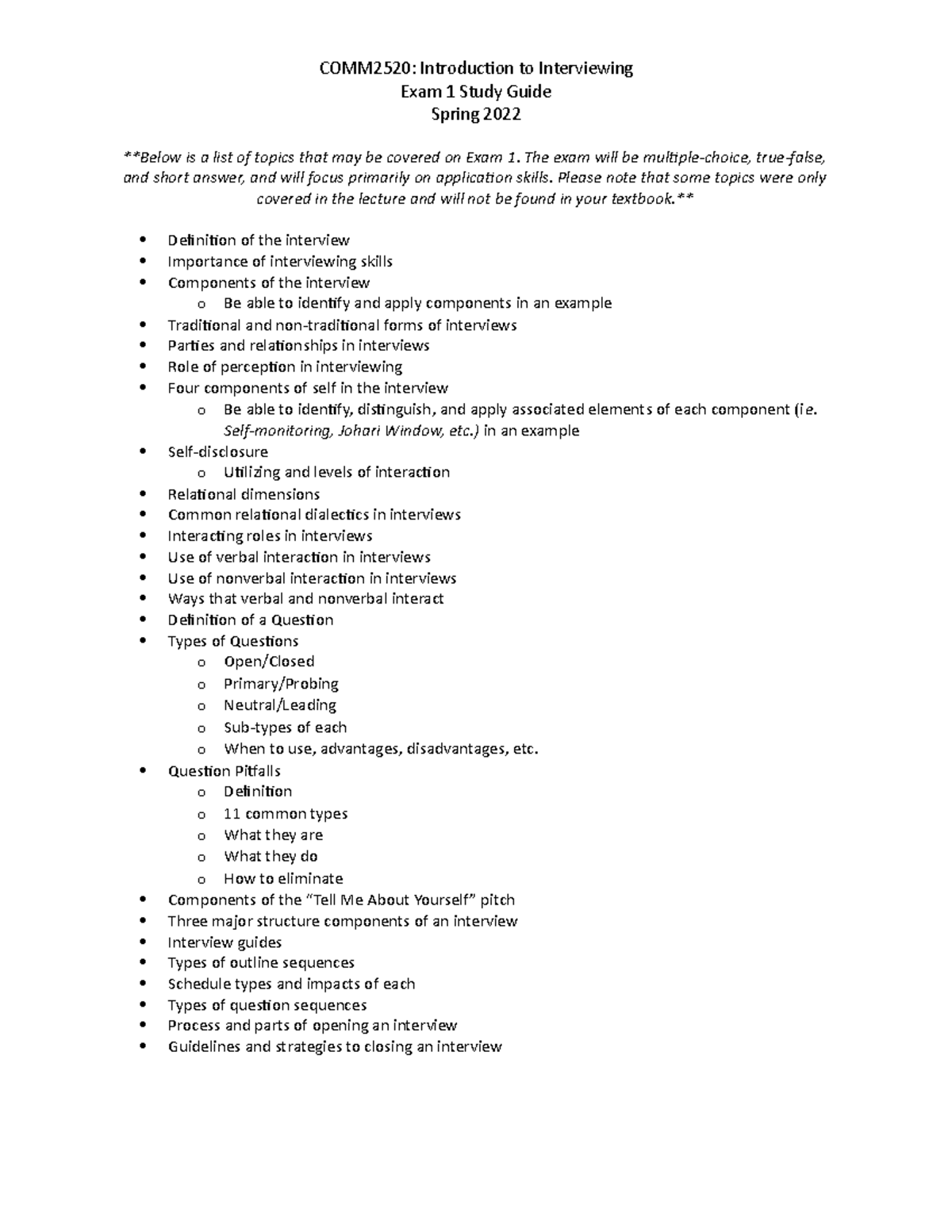 Exam 1 Study Guide - COMM2520: Introduction to Interviewing Exam 1 ...