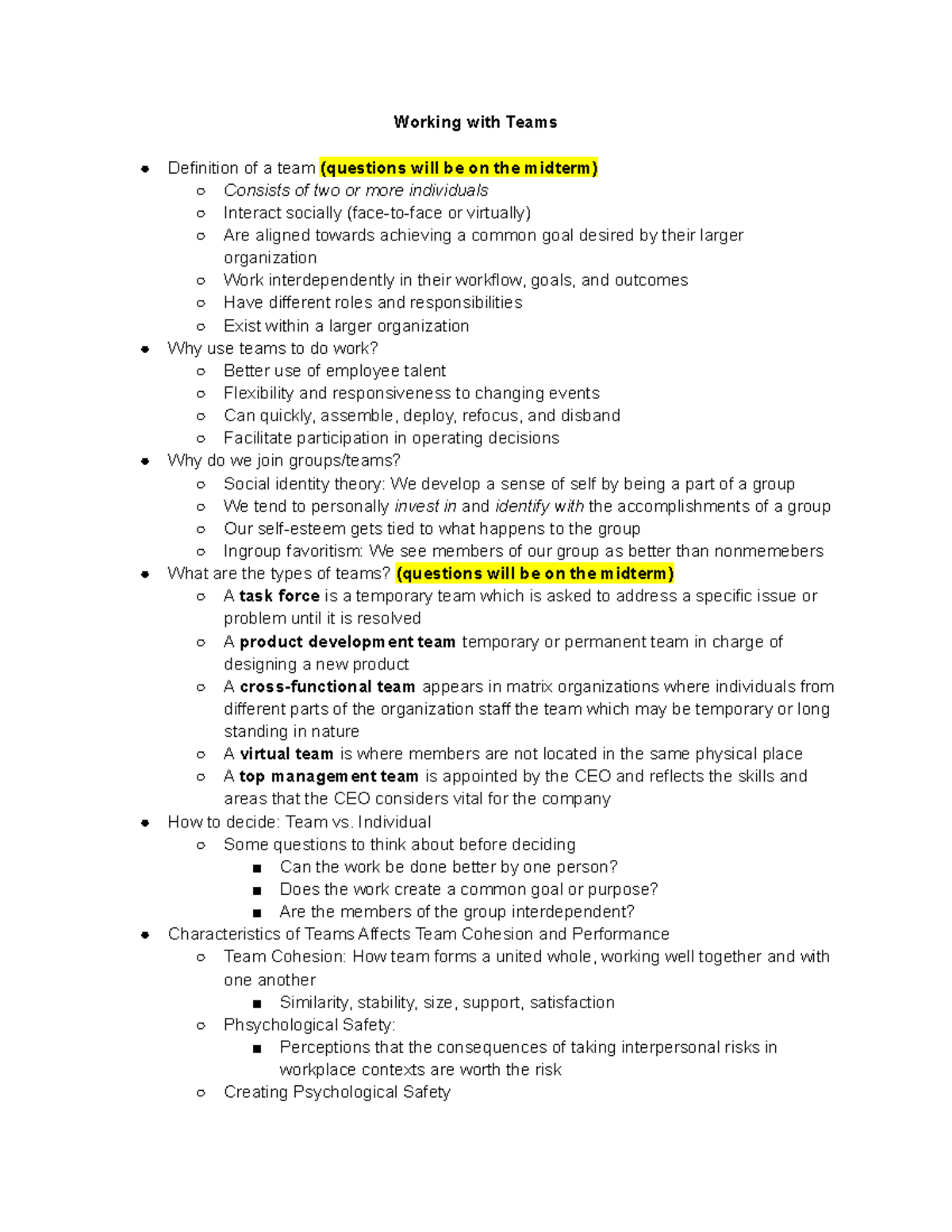 Working with Teams Notes - Working with Teams Definition of a team ...