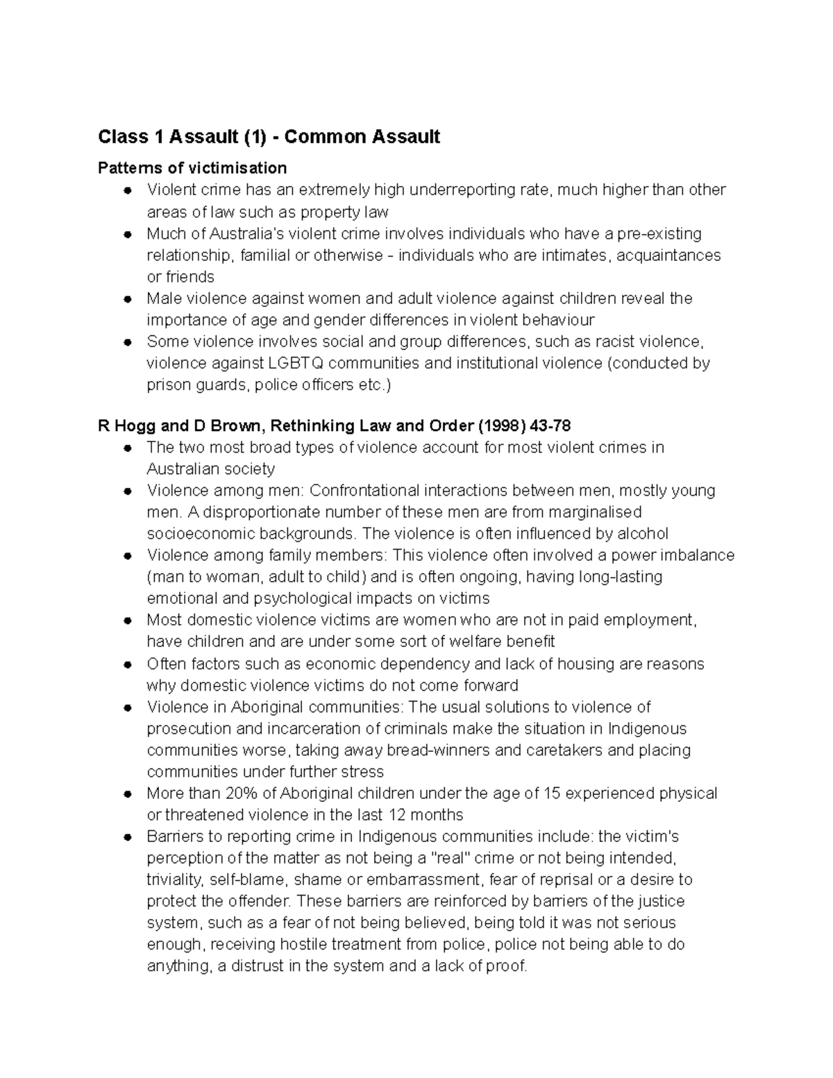 LAWS1022 Class 1-4 Readings - Class 1 Assault (1) - Common Assault ...