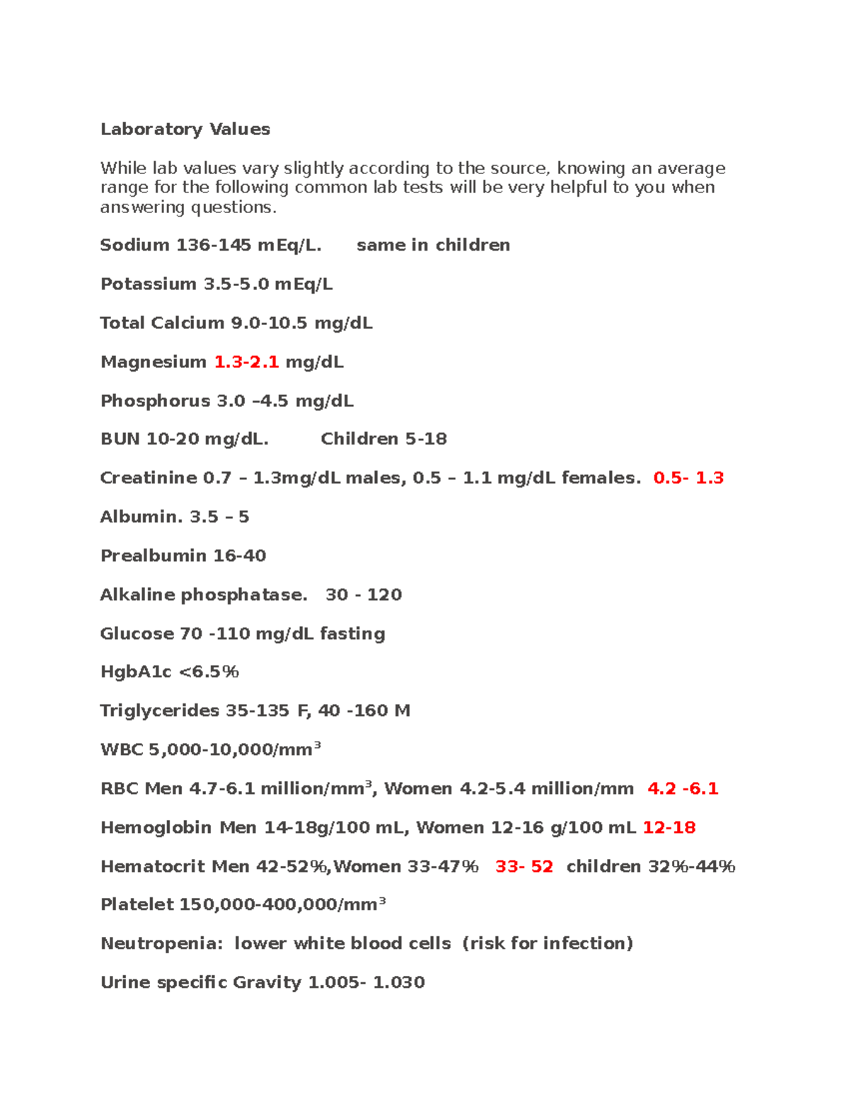 Laboratory Values for NCLEX - Laboratory Values While lab values vary ...