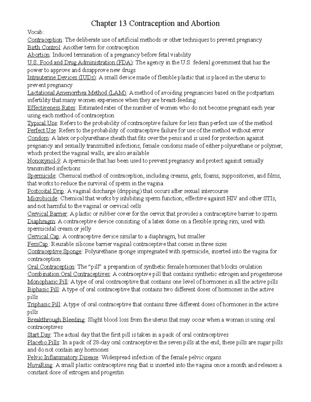 Chapter 13 Contraception and Abortion Notes - Chapter 13 Contraception ...