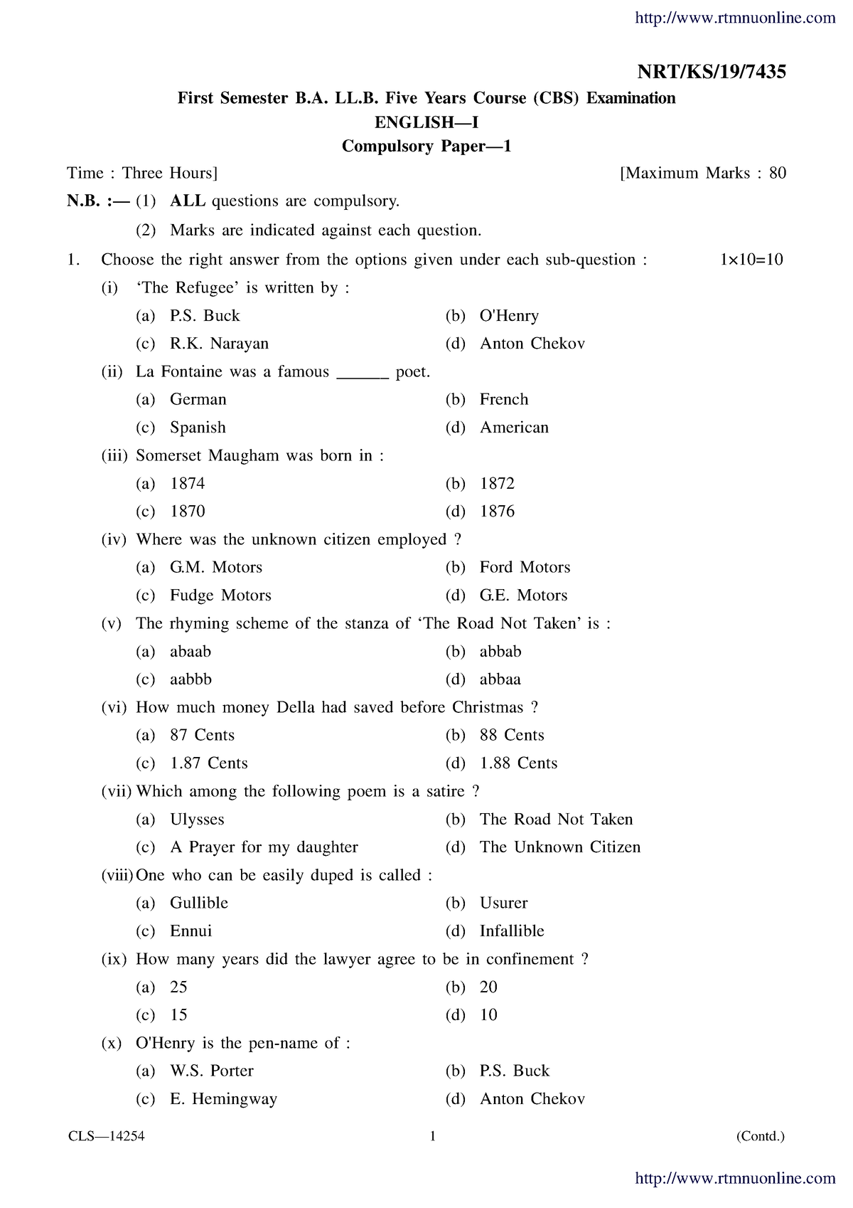 Ballb 1 Sem English 1 P1 7435 Summer 2019 - NRT/KS/19/ First Semester B ...