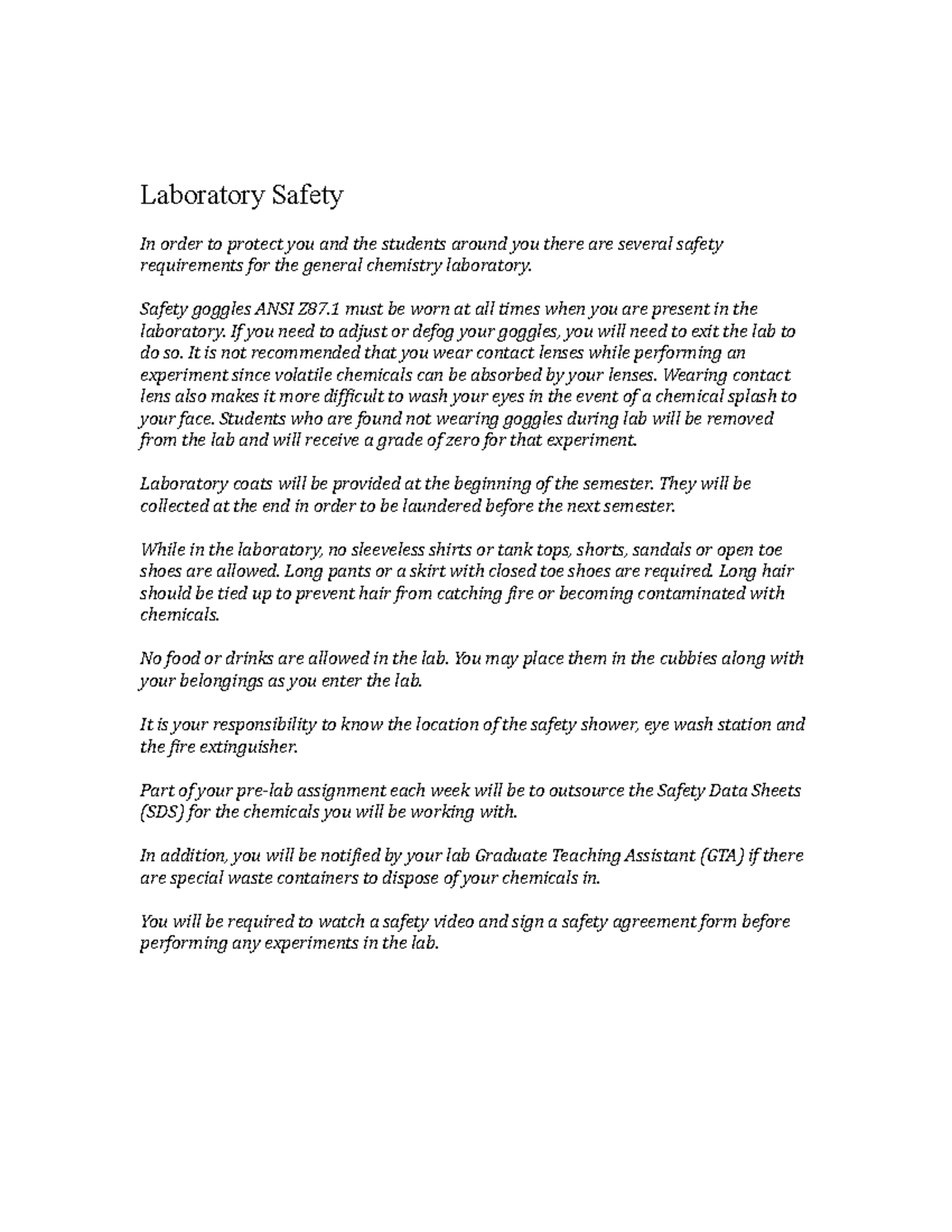 Lab safety assignment lab Laboratory Safety In order to protect you