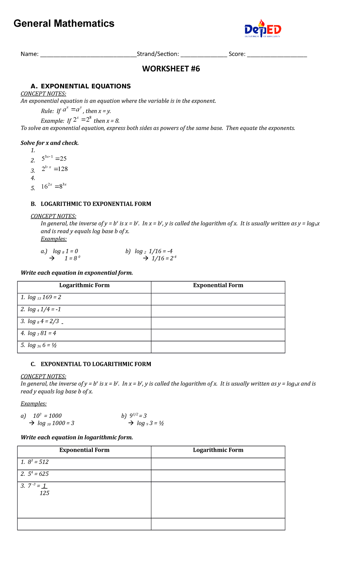 Worksheet 6 - General math - Name: _____________________________Strand ...