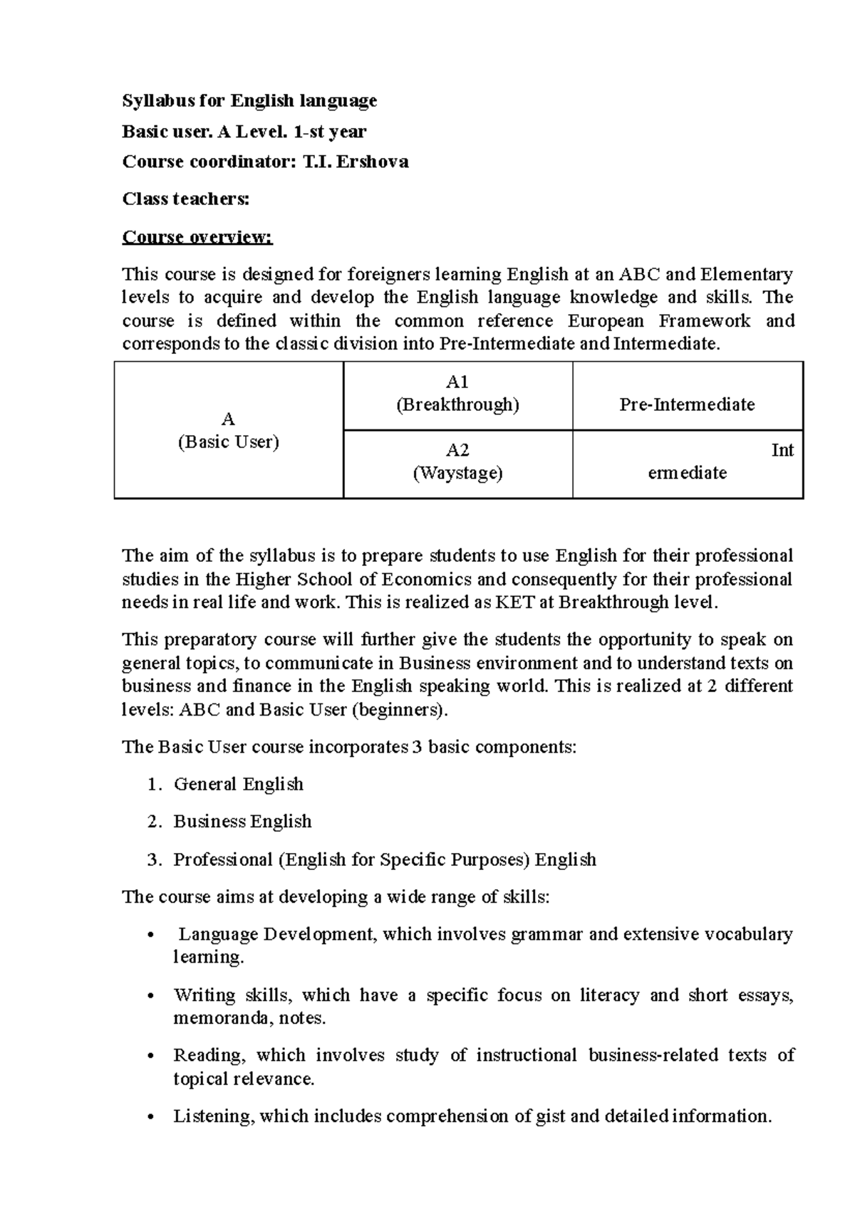 Englsih Course Syllabus Syllabus For English Language Basic User A 