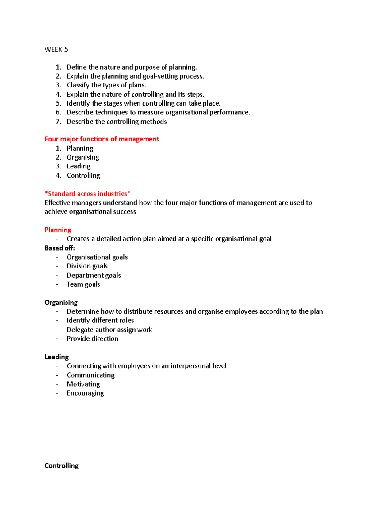 WEEK 5 - management skills - WEEK 5 Define the nature and purpose of ...