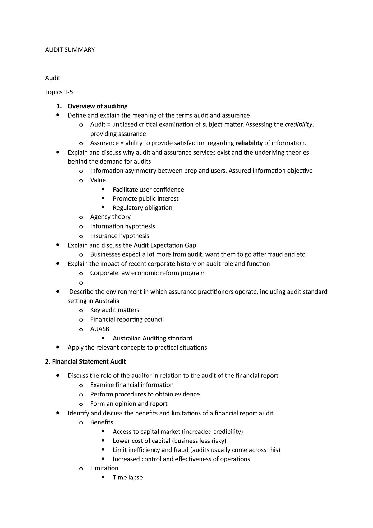 Audit summary Sem 1 2018 - AUDIT SUMMARY Audit Topics 1-5 1. Overview ...