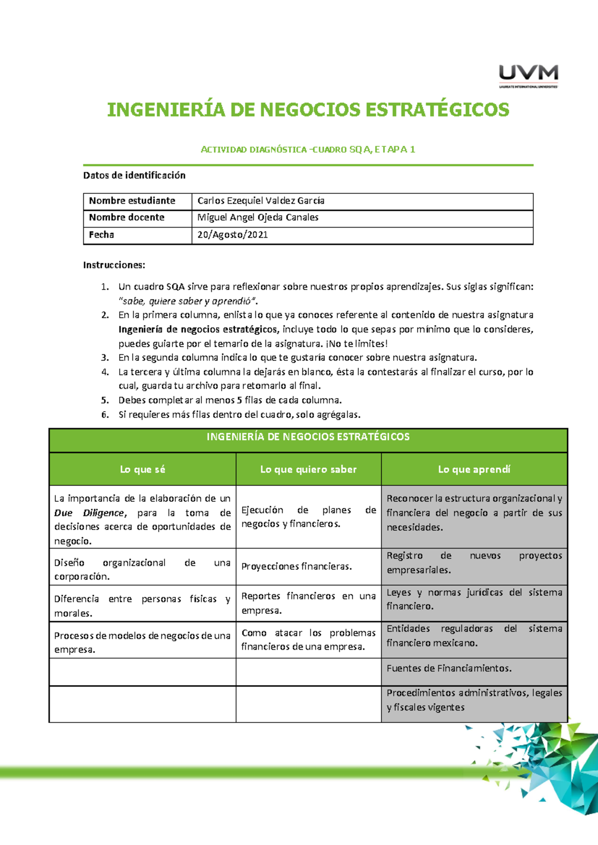 A10 Cevg IngenierÍa De Negocios EstratÉgicos Actividad DiagnÓstica Cuadro Sqa Etapa 1 Datos 0797