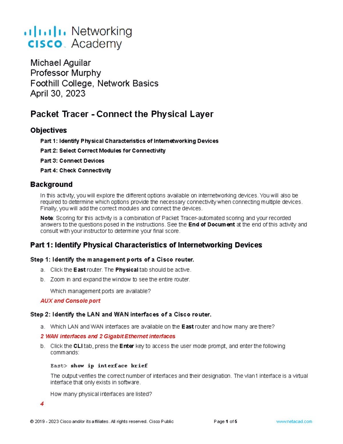 Michael Aguilar 4.7.1 Packet Tracer - Connect the Physical Layer ...