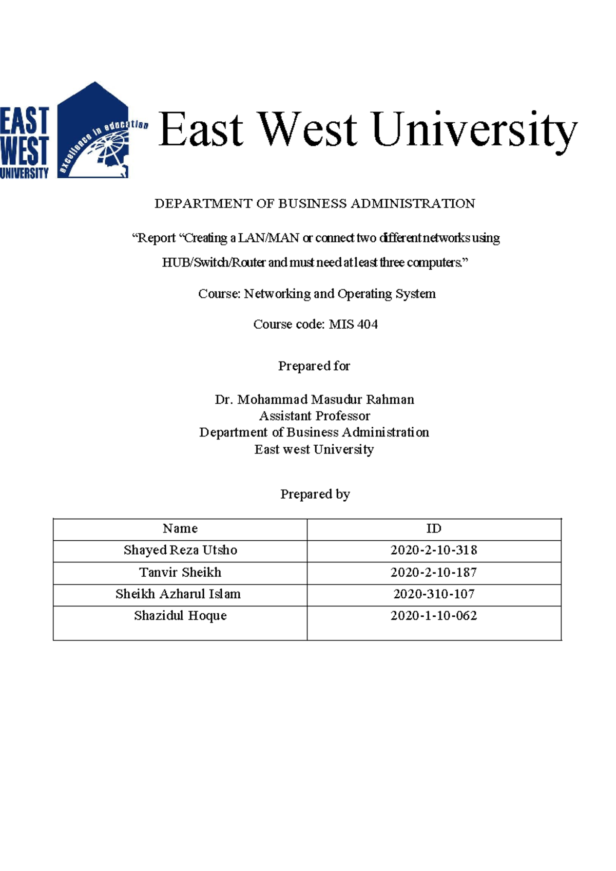 East West University mis404 - East West University DEPARTMENT OF ...