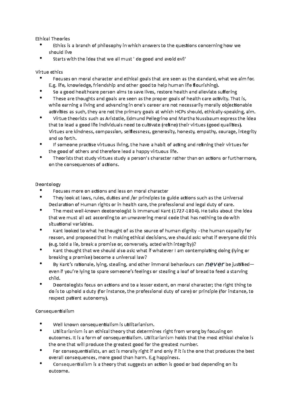 Ethical Theories - Lecture notes 1-2 - Ethical Theories Ethics is a ...