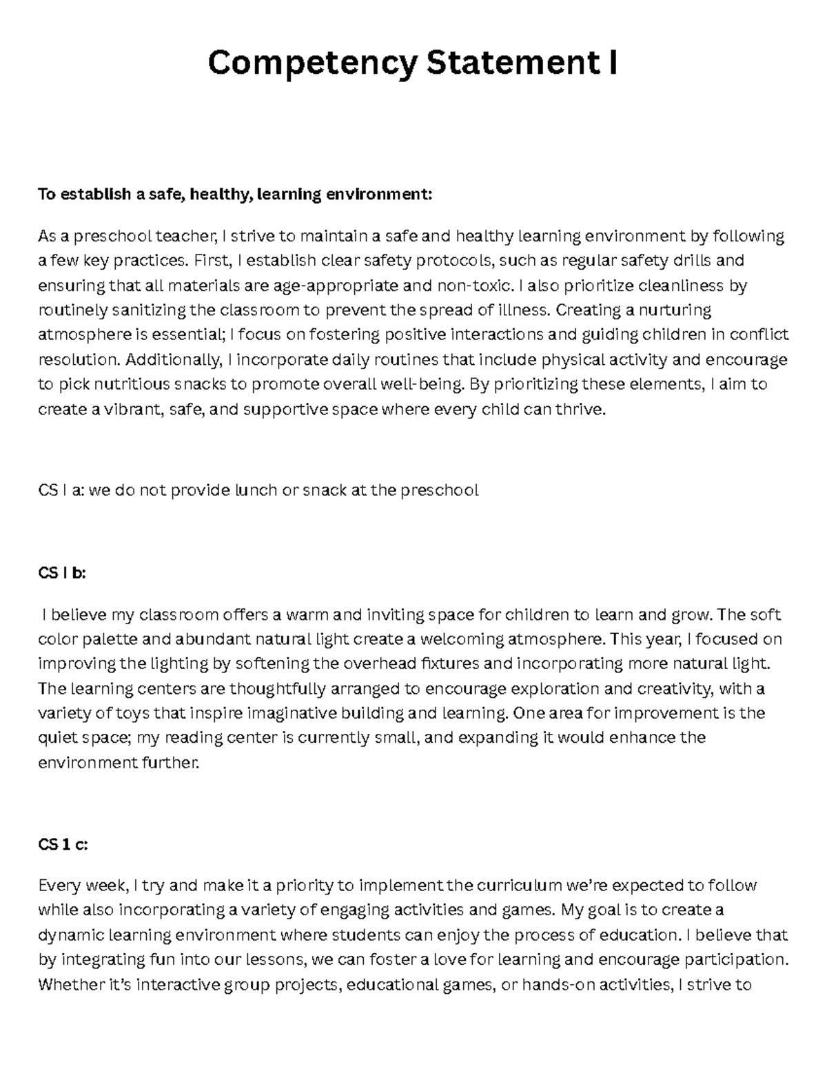 Competency Statement I - First, I establish clear safety protocols ...