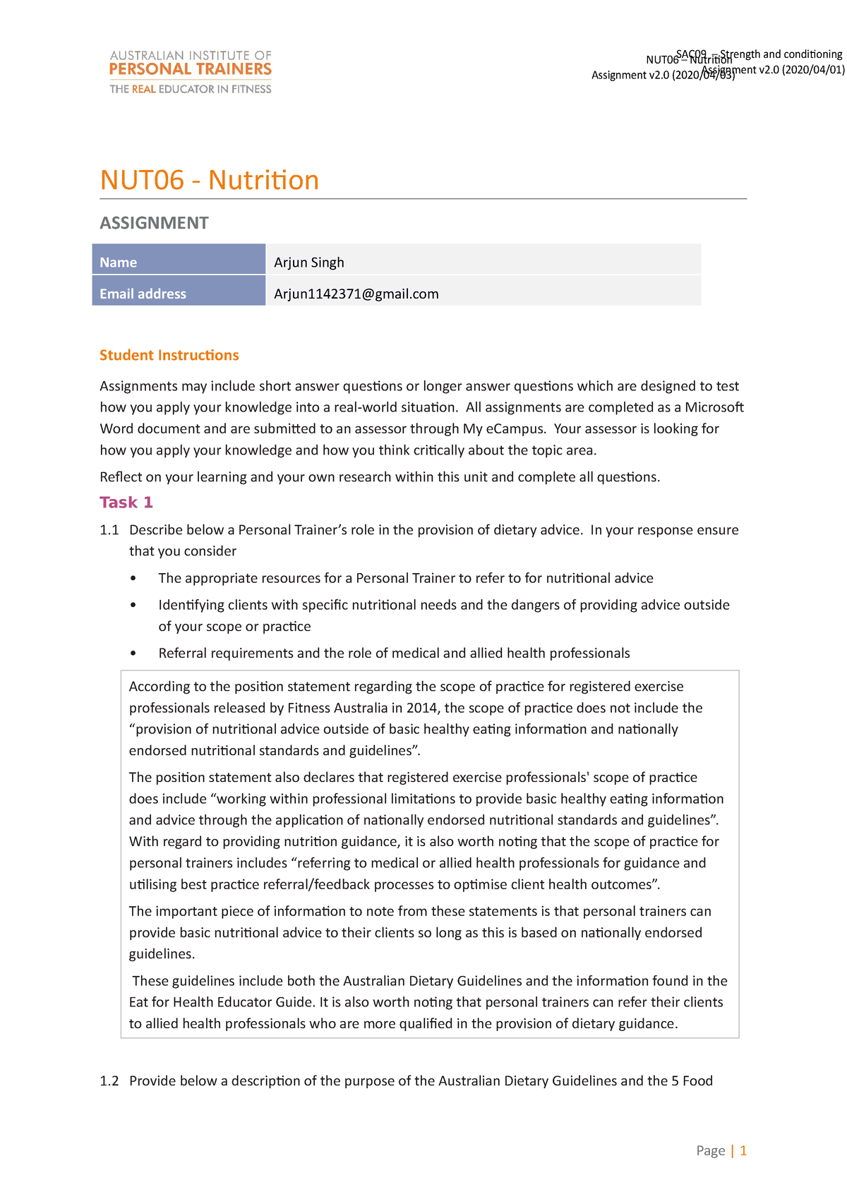 NUT06 Assignment (Release 2) - NUT06 - Nutrition ASSIGNMENT Name Arjun ...