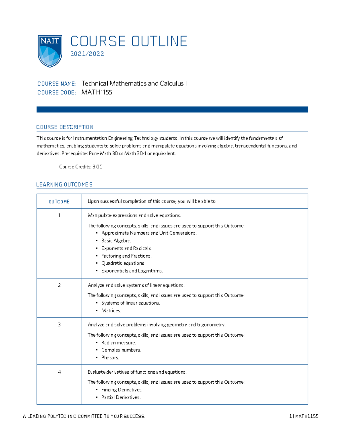 Course Outline MATH1155 - 2021 - COURSE OUTLINE 2021/ COURSE NAME ...