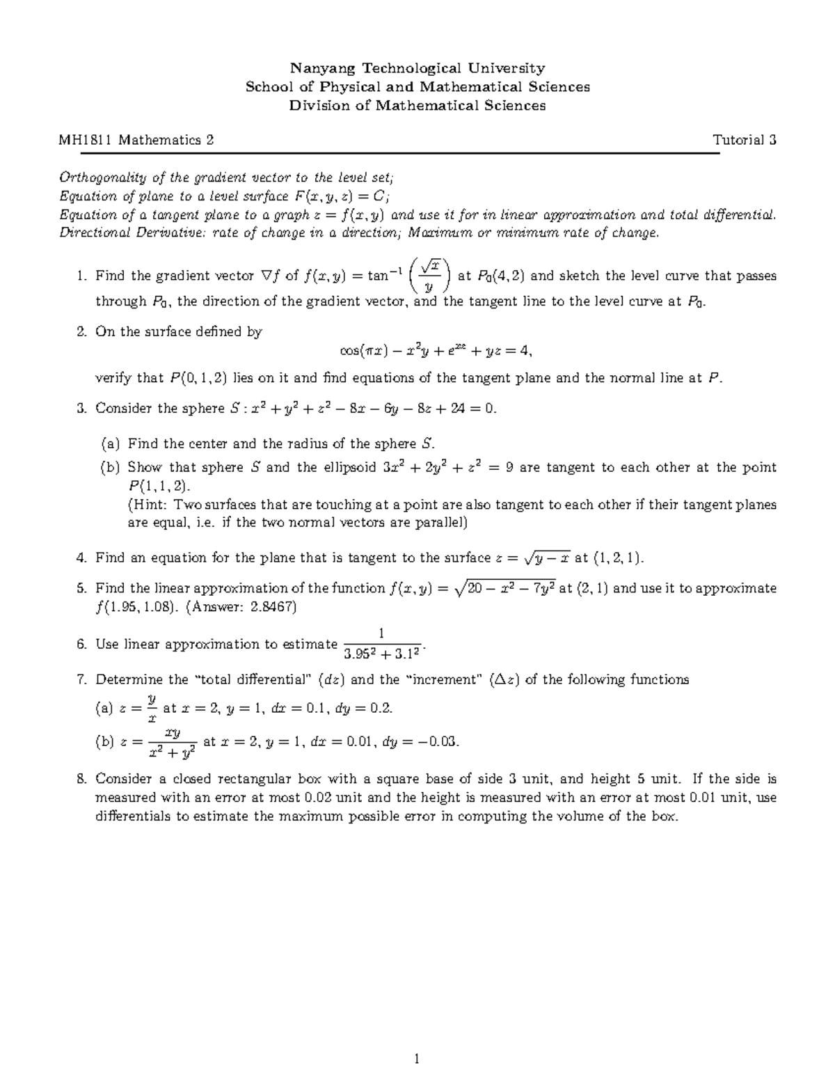 MH1811 Tutorial 3 MC 2022 tangent df dir der - Nanyang Technological ...