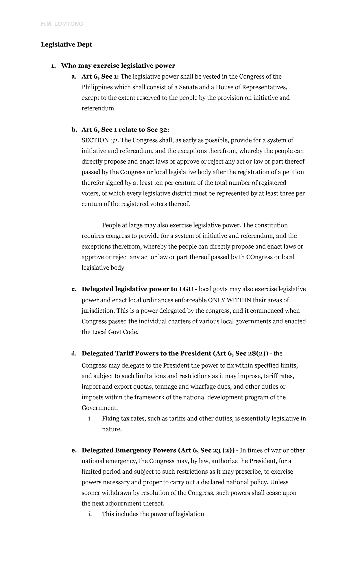 Constitutional Law 1 Notes - Legislative Dept Who may exercise ...