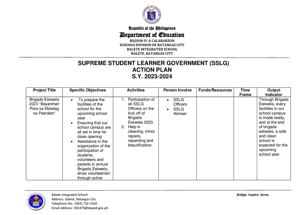 SSLG Action PLAN 2023 2024 Department of Education REGION IVA