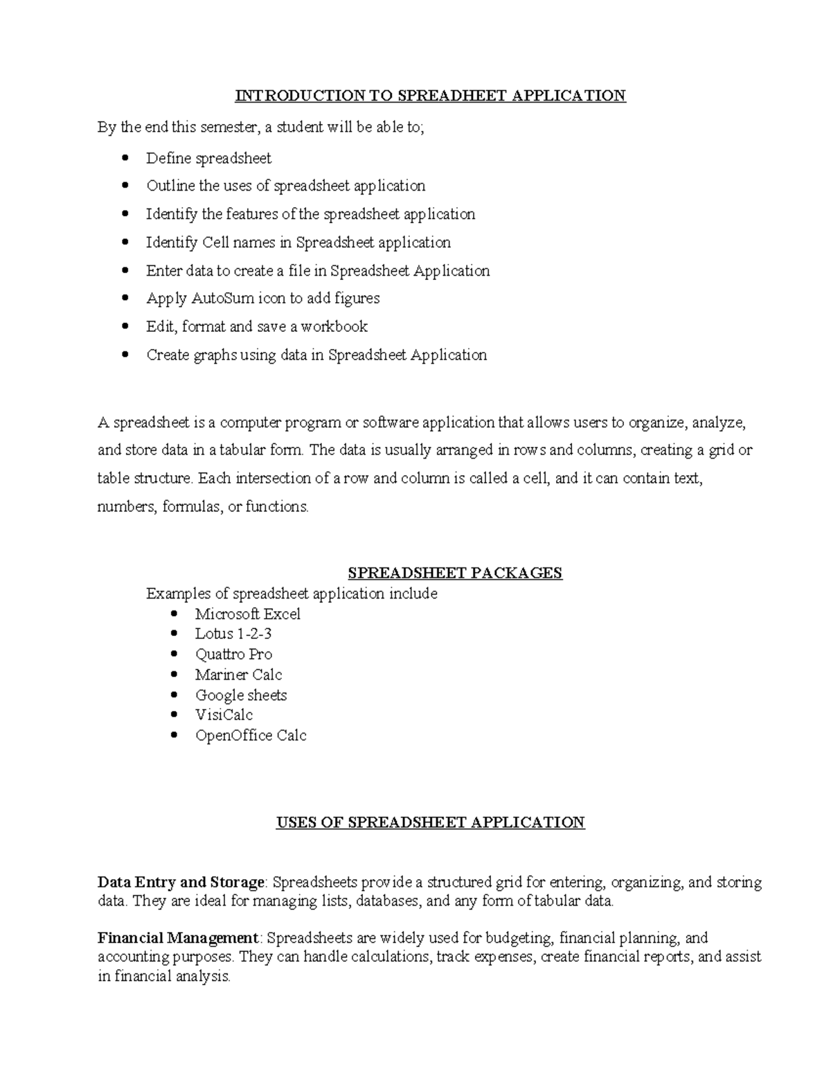 Introduction excel - INTRODUCTION TO SPREADHEET APPLICATION By the end ...