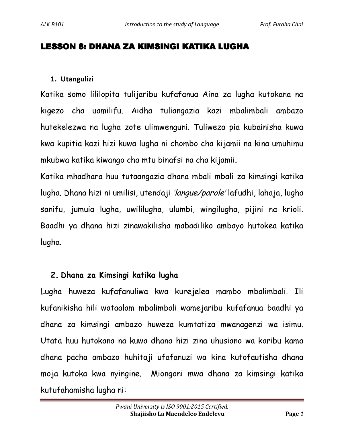 Lesson - 8. Dhana ZA Kimsingi Katika Lugha - LESSON 8: DHANA ZA ...