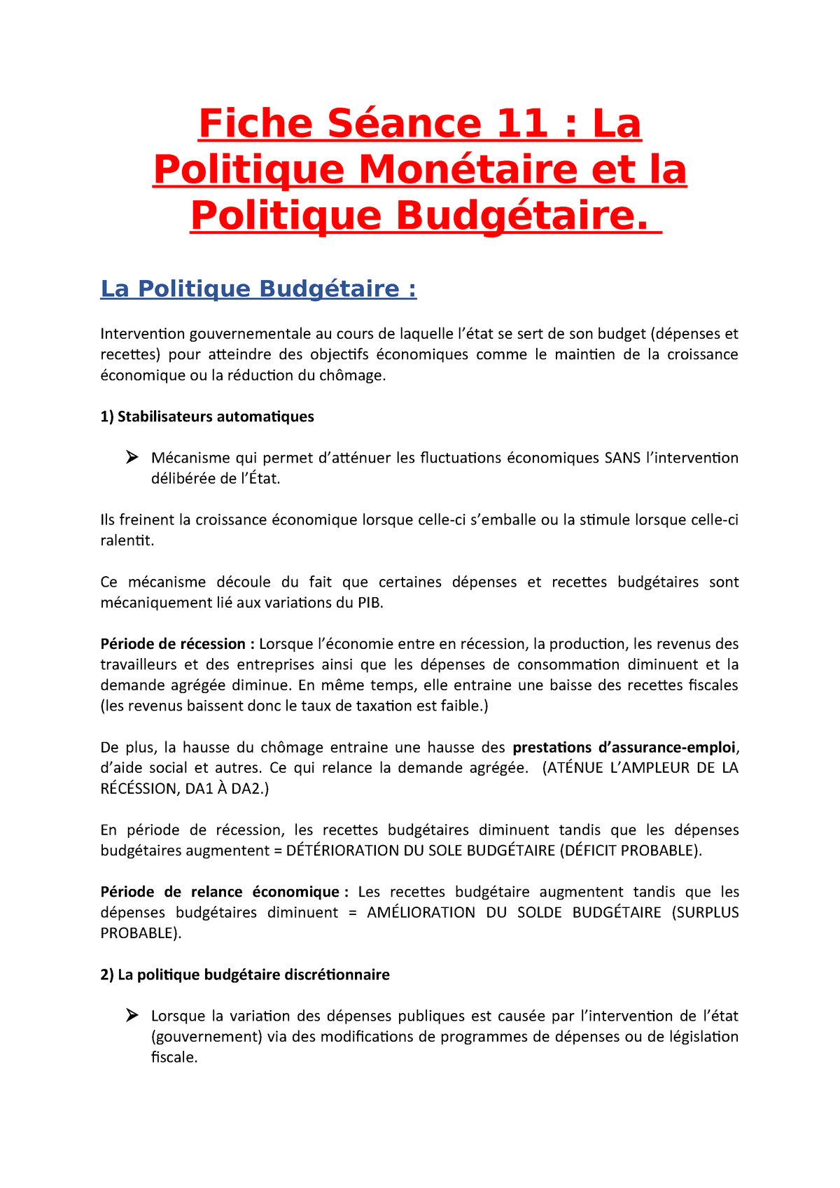 Politique Monétaire Et Budgétaire Cours