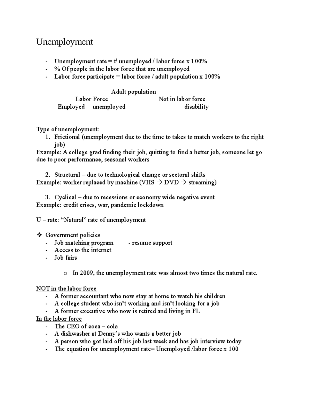 Unemployment ECON Notes - Unemployment Unemployment Rate = # Unemployed ...