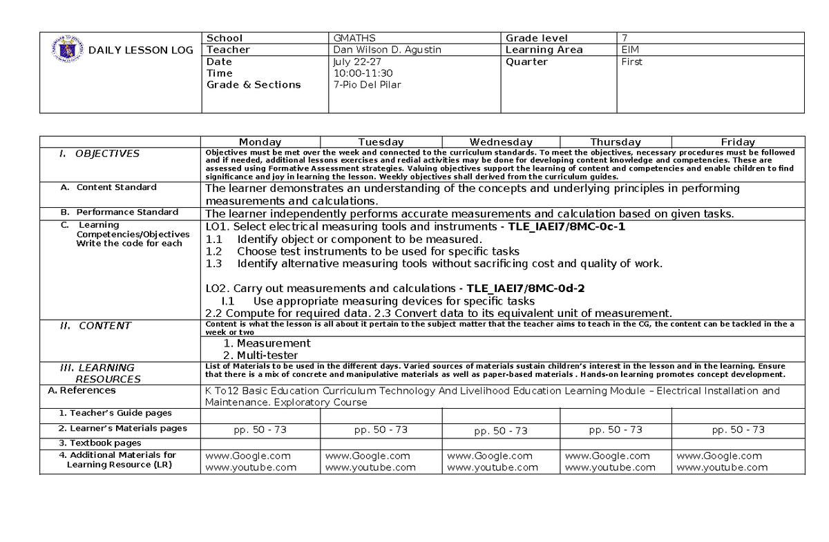 DLL Agustin week 8 - DAILY LESSON LOG School GMATHS Grade level 7 ...
