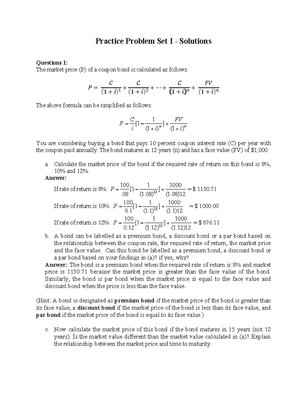 Practice Proble Set I Solutions - Practice Problem Set I - Solutions ...