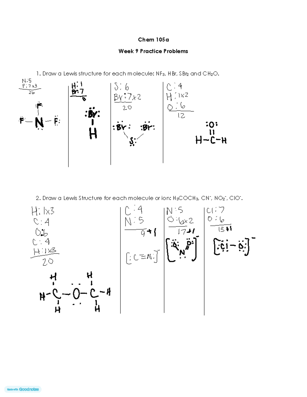 Week 9 Practice Problems 2 - Chem 105a Week 9 Practice Problems 1. Draw ...