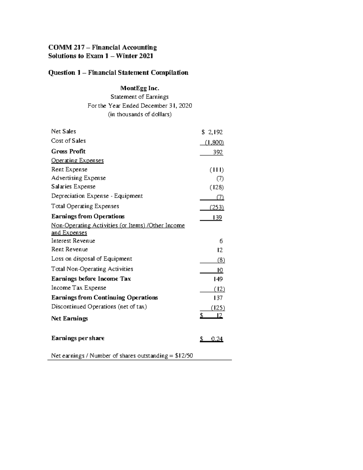 Solution Exam 1 - COMM 217 – Financial Accounting Solutions To Exam 1 ...