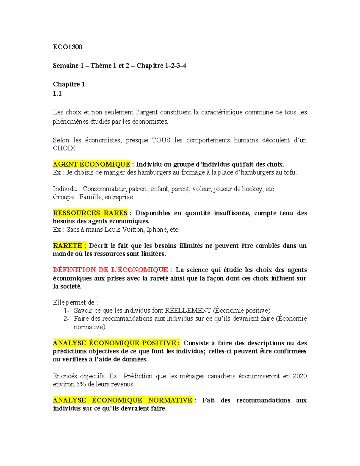 ECO1300- Lecture Thème 1-2 - ECO Semaine 1 – Thème 1 Et 2 – Chapitre 1 ...