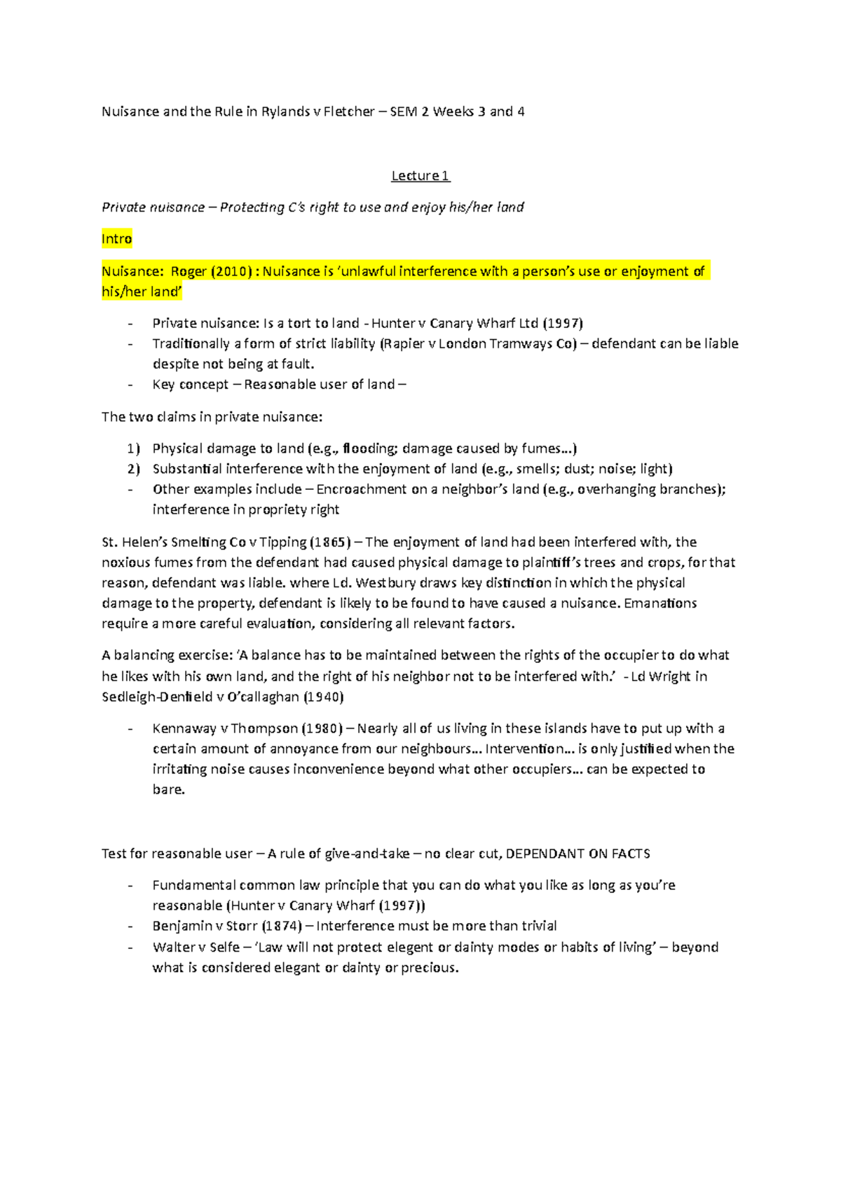 Nuisance and the Rule in Rylands v Fletcher - Key concept – Reasonable ...