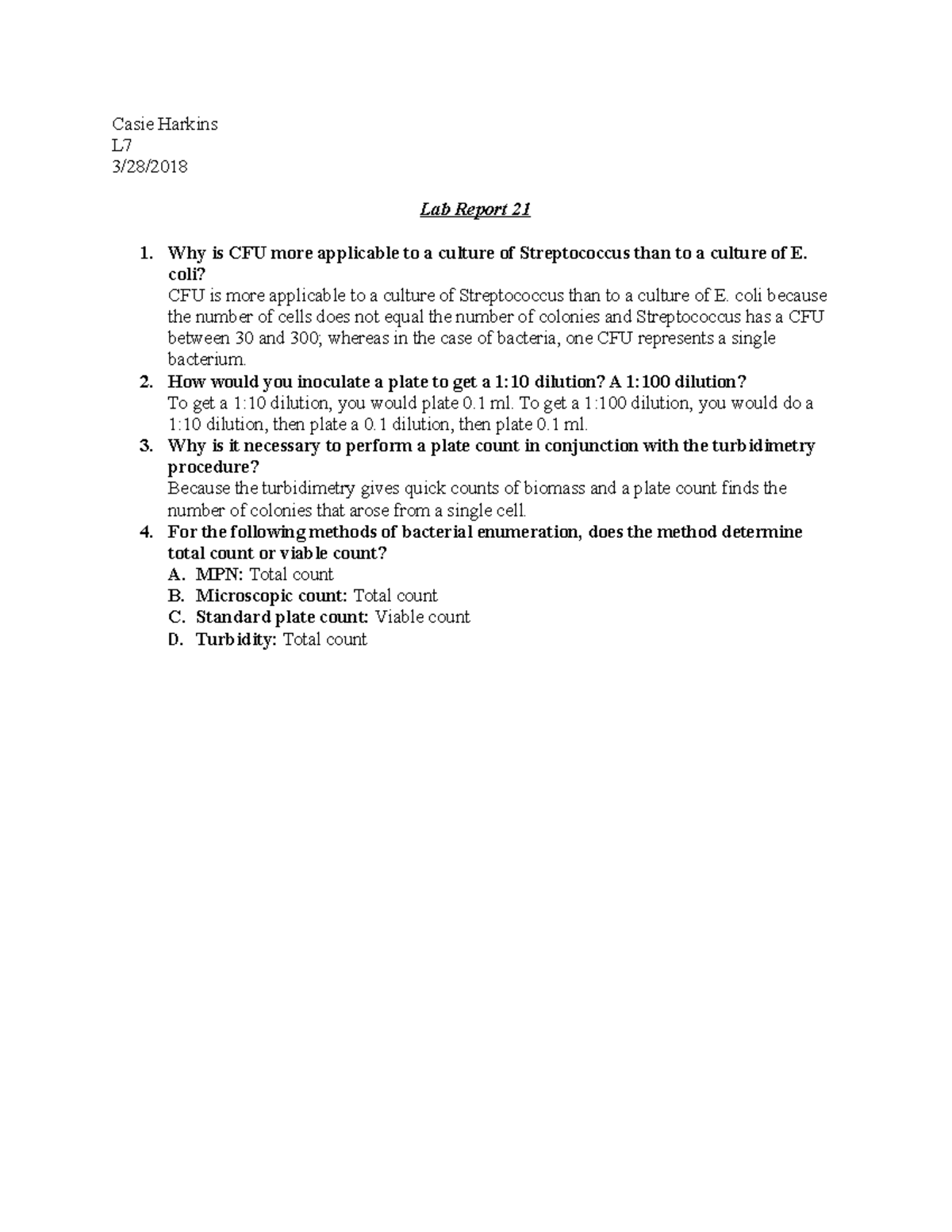 Micro lab post lab 21 Post labdilution Casie Harkins L7 3/28/2018