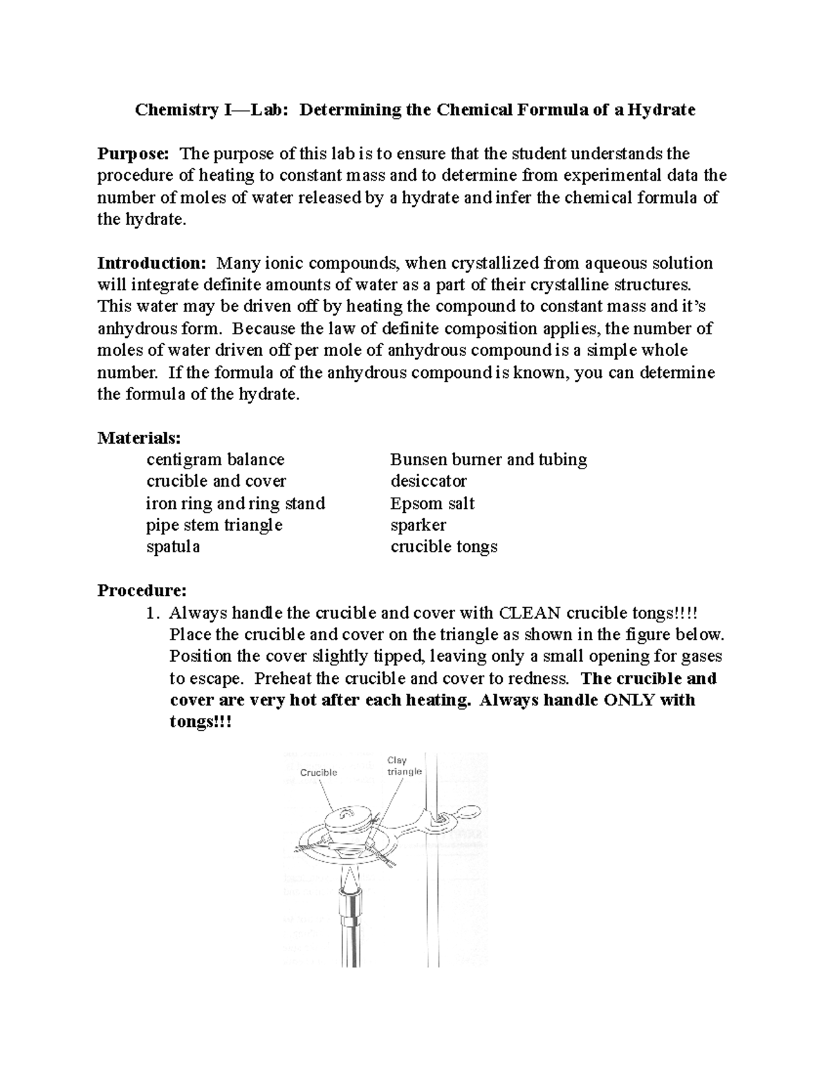 Lab Formula of a Hydrate Orgo Chem Chemistry I—Lab Determining the