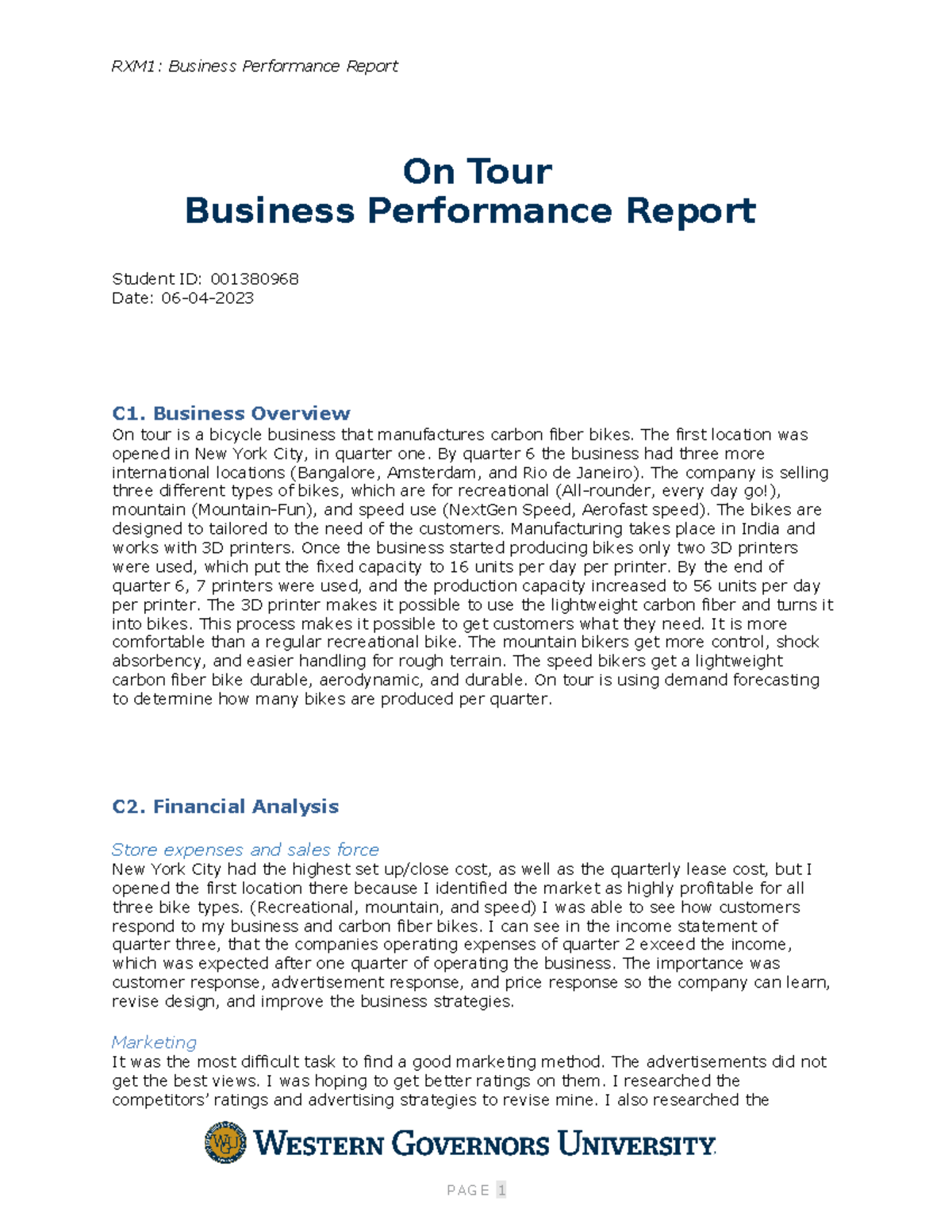 Business Performance Report Task 1 - RXM1: Business Performance Report ...