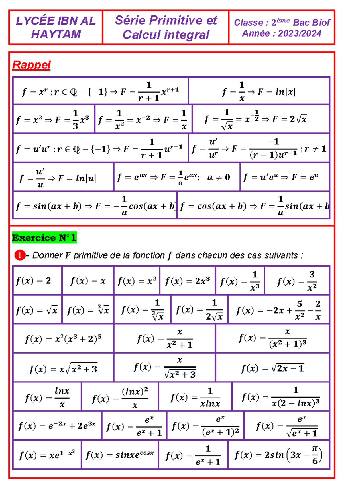 2024 Série Primitive et Calcul integral - LYCÉE IBN AL HAYTAM Série ...