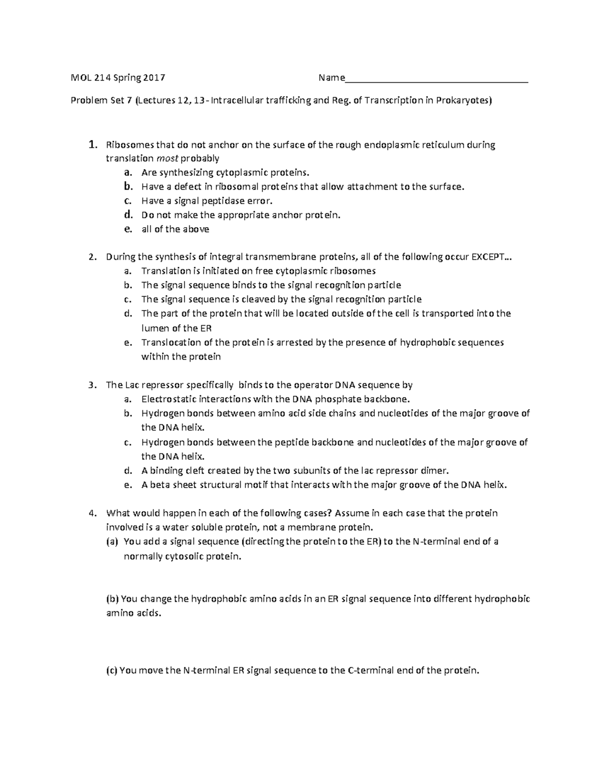 MOL 214 Problem Set 7 MOL 214 Spring 2017 Name