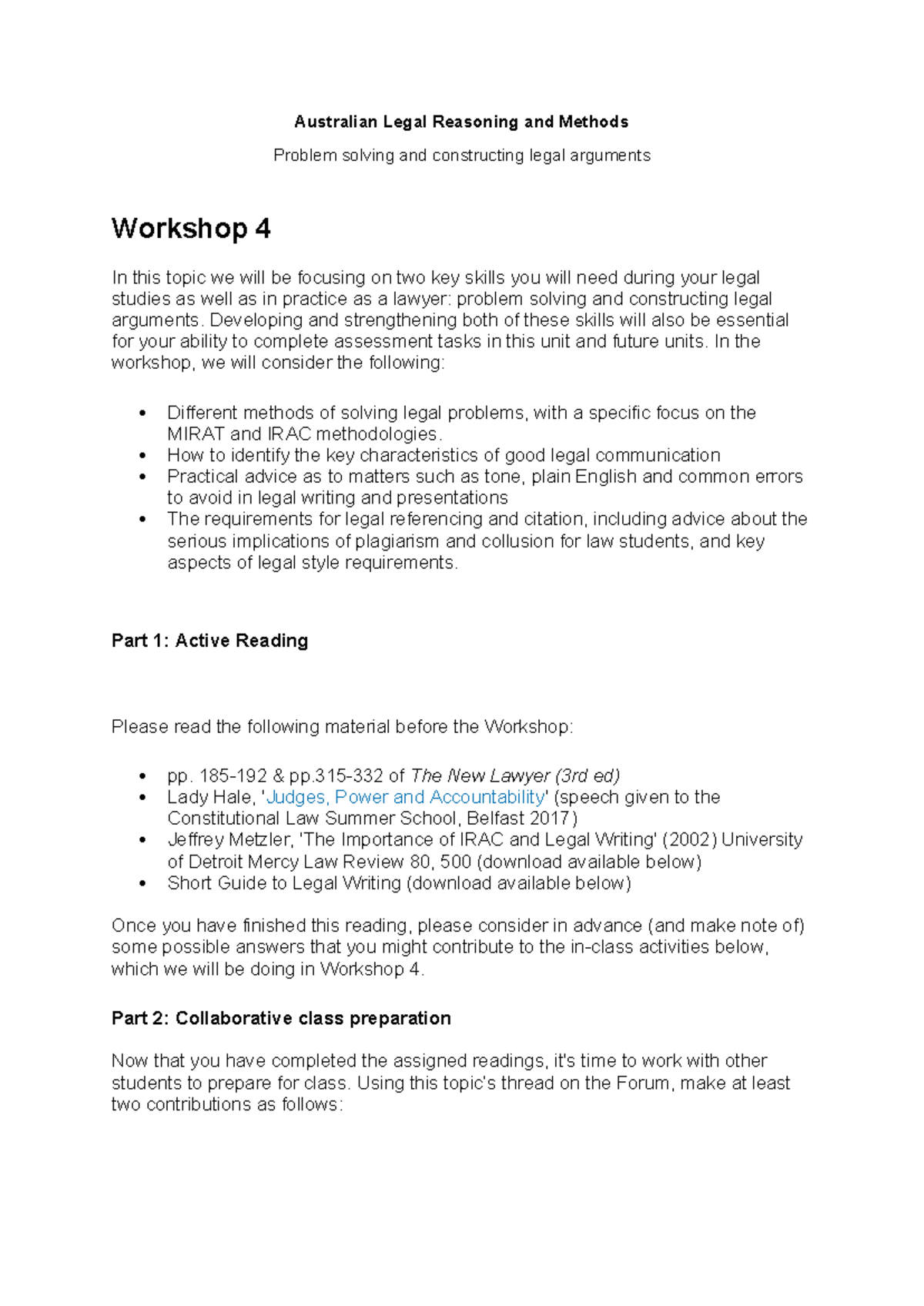 Topic 4 - Workshop notes - Australian Legal Reasoning and Methods ...