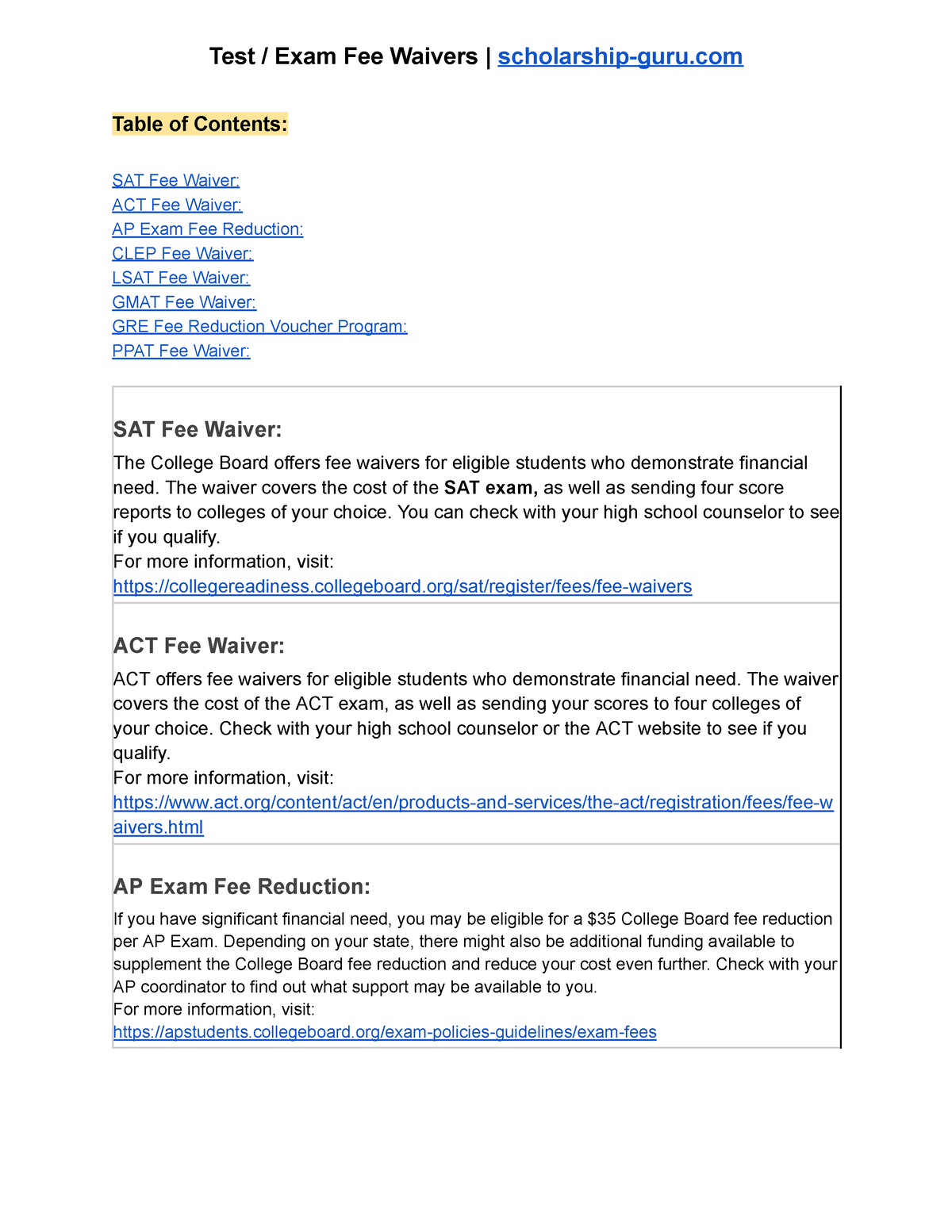 Test Exam Fee Waivers Scholarship-guru - Test / Exam Fee Waivers ...