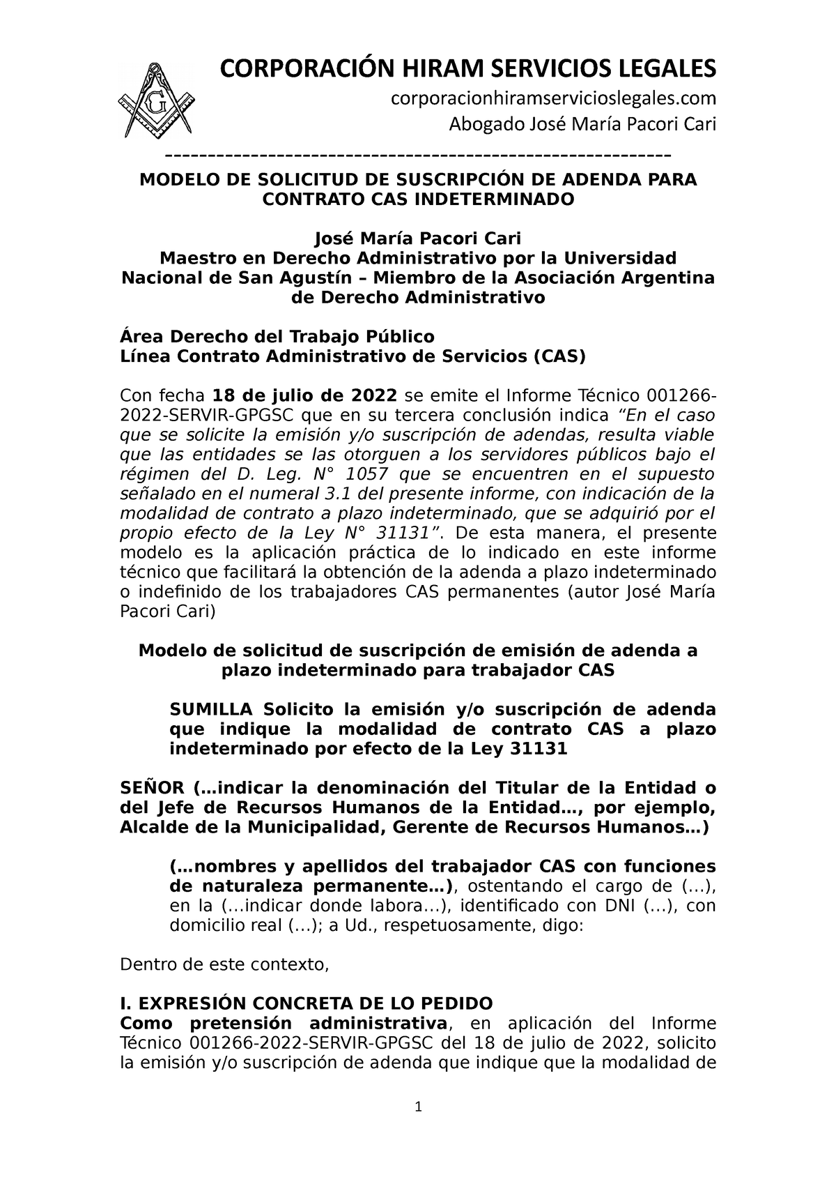 Modelo Solicitud Suscripción Adenda Contrato CAS Indeterminado - Autor JOSÉ  María Pacori CARI - Studocu
